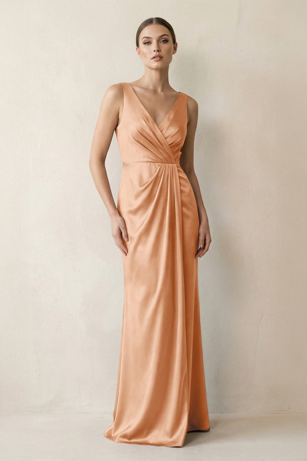 V-Neck Satin Ruched Sheath Bridesmaid Dress in Golden Champagne