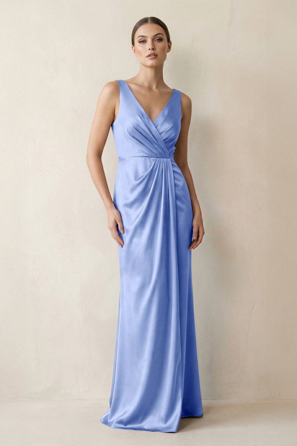 V-Neck Satin Ruched Sheath Bridesmaid Dress in Ice