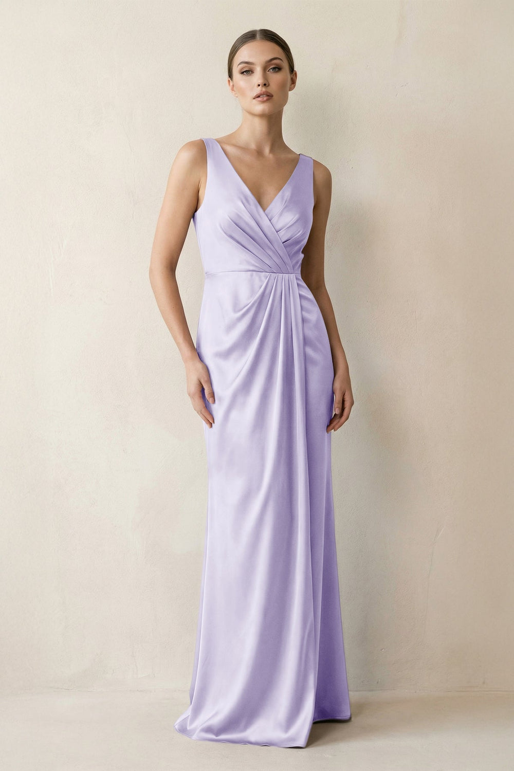 V-Neck Satin Ruched Sheath Bridesmaid Dress in Lavender