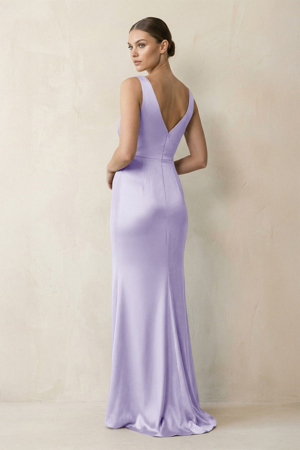 V-Neck Satin Ruched Sheath Bridesmaid Dress in Lavender