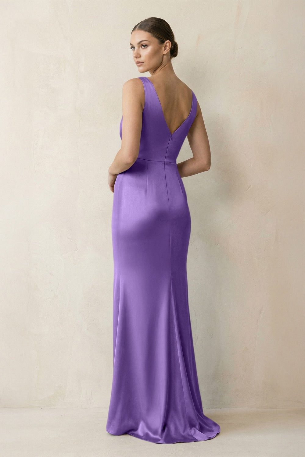 V-Neck Satin Ruched Sheath Bridesmaid Dress in Lilac