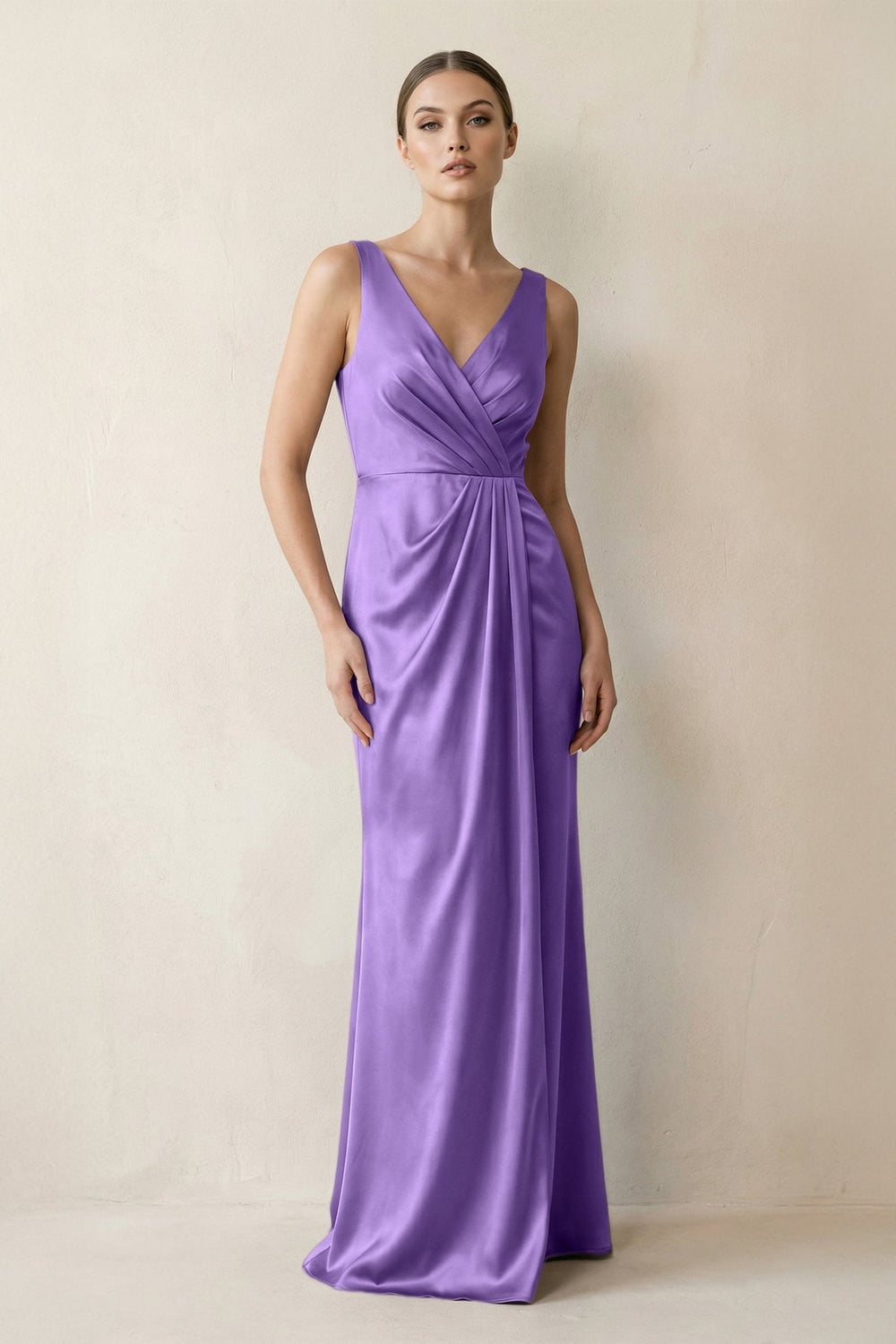 V-Neck Satin Ruched Sheath Bridesmaid Dress in Lilac