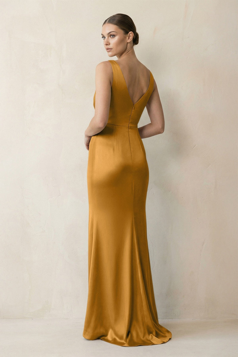 V-Neck Satin Ruched Sheath Bridesmaid Dress in Marigold