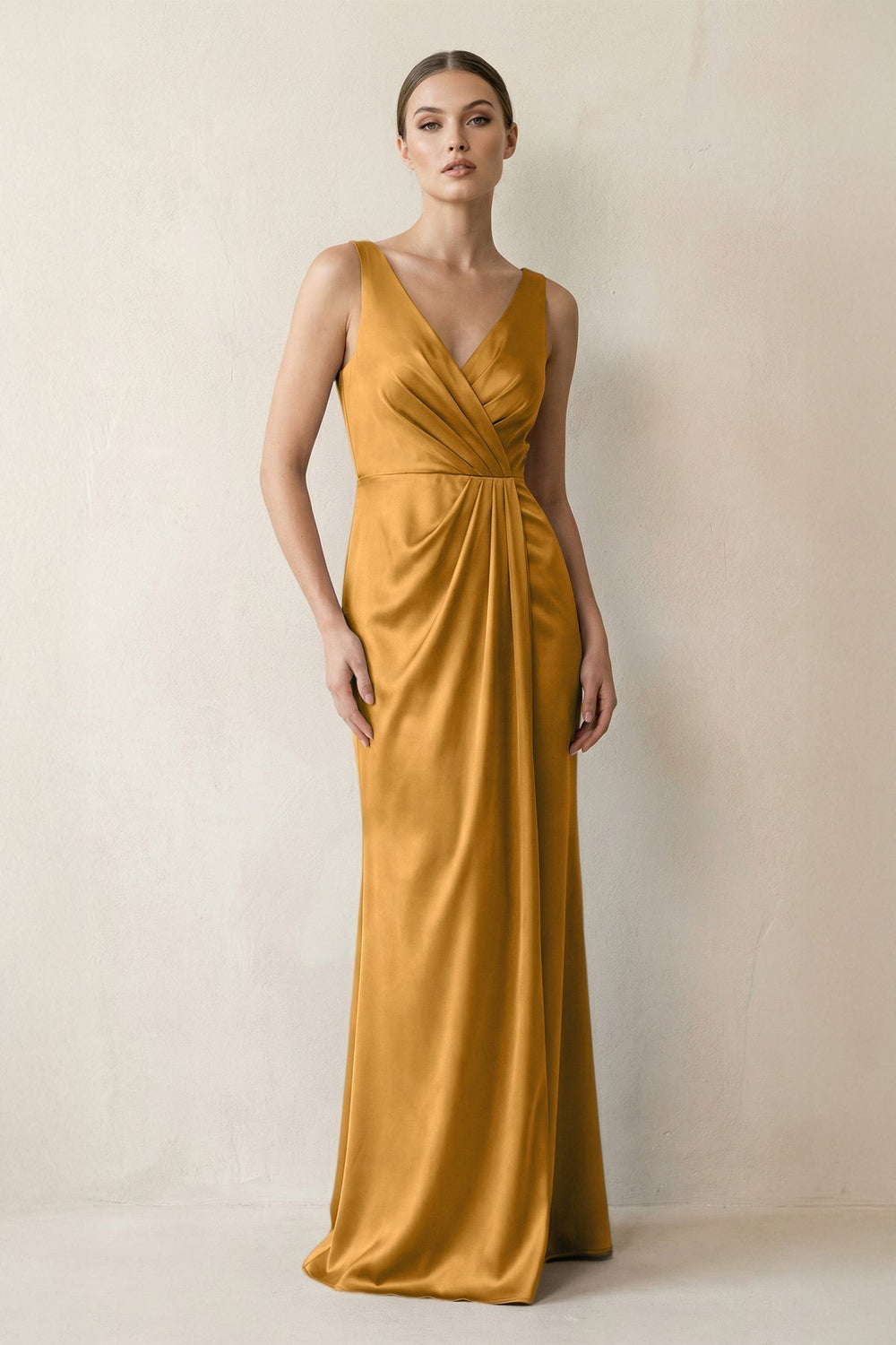 V-Neck Satin Ruched Sheath Bridesmaid Dress in Marigold
