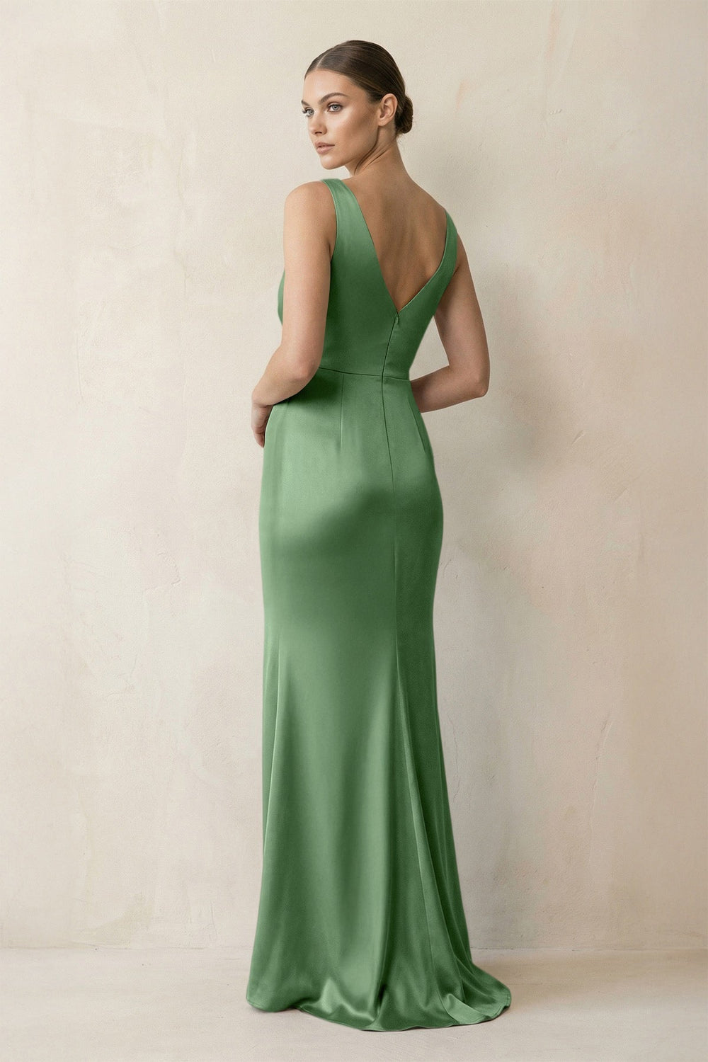 V-Neck Satin Ruched Sheath Bridesmaid Dress in Matcha