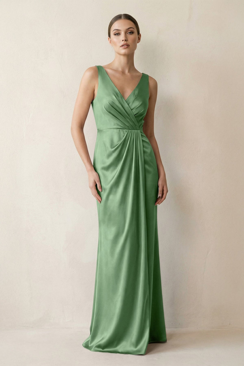 V-Neck Satin Ruched Sheath Bridesmaid Dress in Matcha