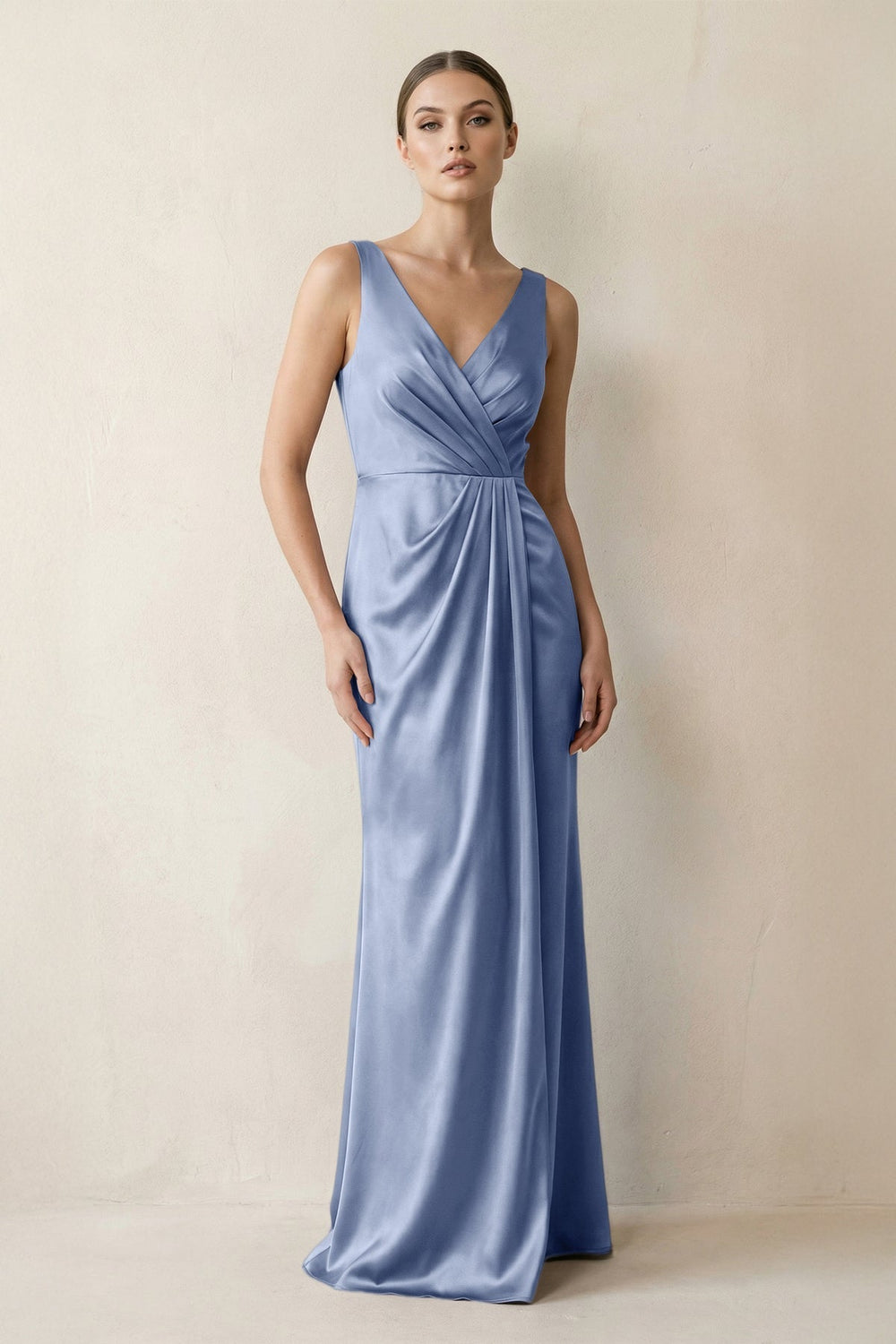 V-Neck Satin Ruched Sheath Bridesmaid Dress in Mist