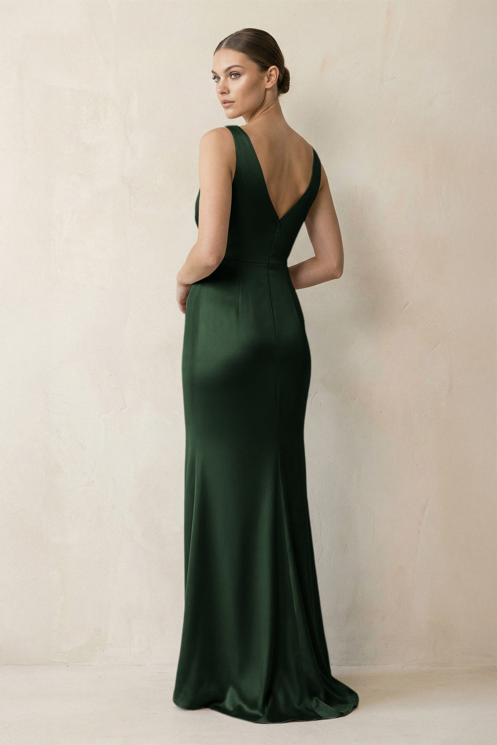 V-Neck Satin Ruched Sheath Bridesmaid Dress in Moss