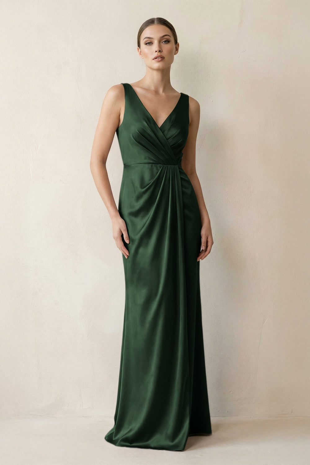 V-Neck Satin Ruched Sheath Bridesmaid Dress in Moss