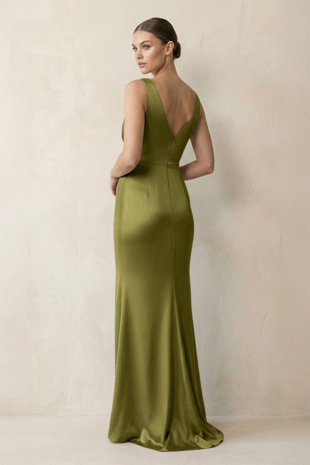 V-Neck Satin Ruched Sheath Bridesmaid Dress in Moss Green