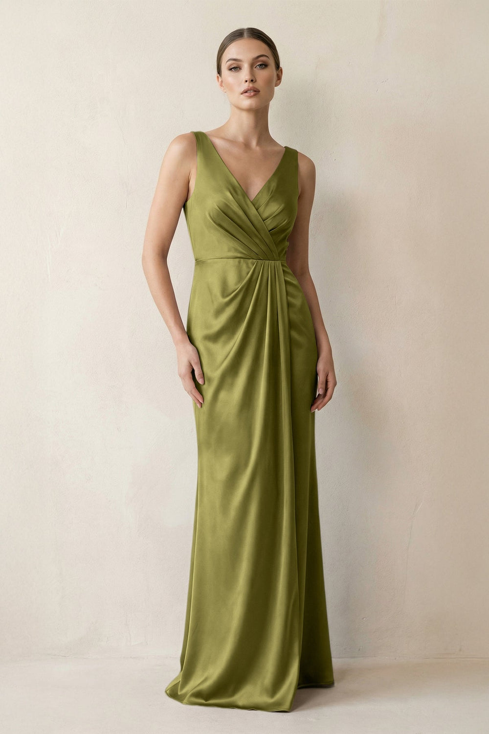 V-Neck Satin Ruched Sheath Bridesmaid Dress in Moss Green