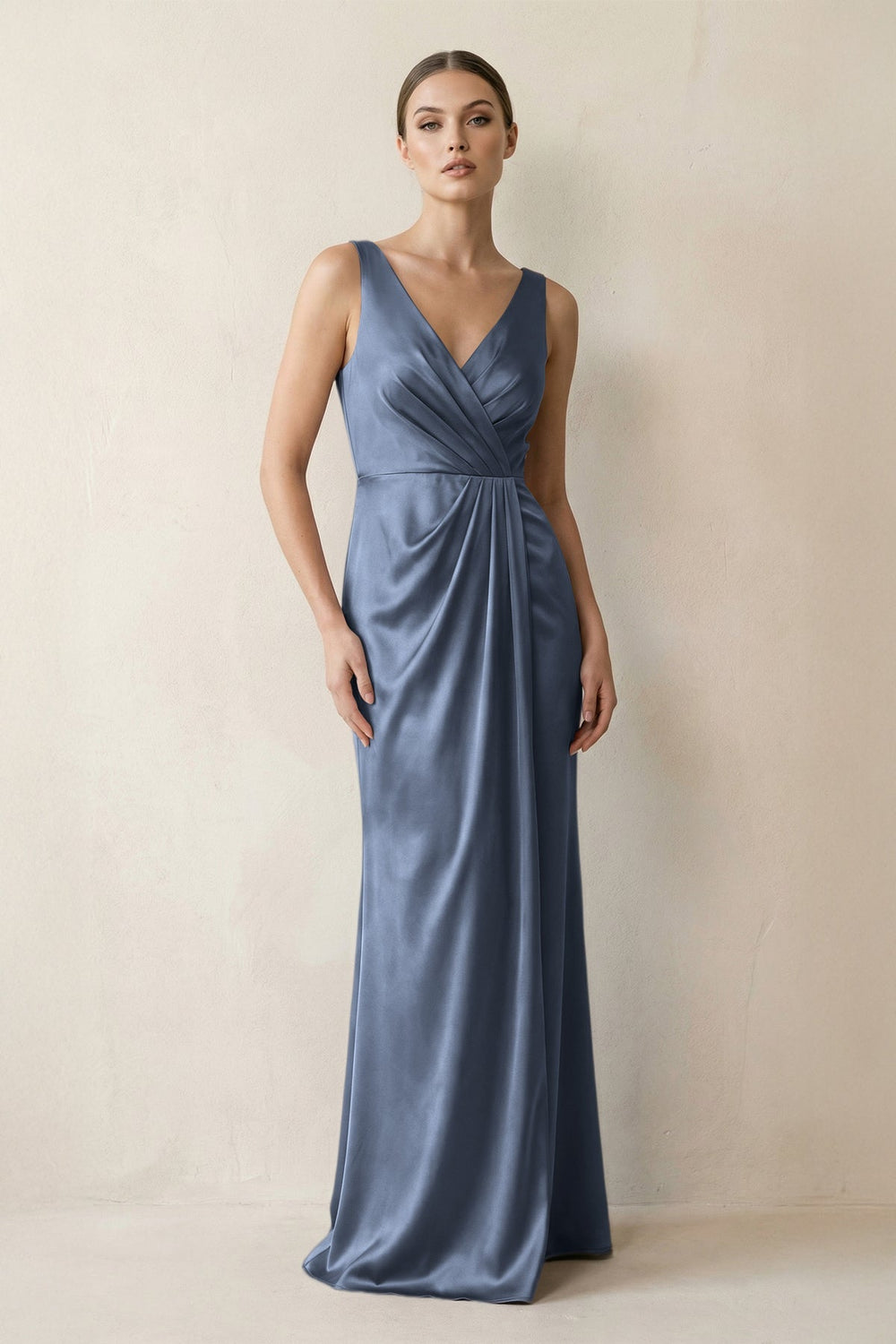 V-Neck Satin Ruched Sheath Bridesmaid Dress in Neptune