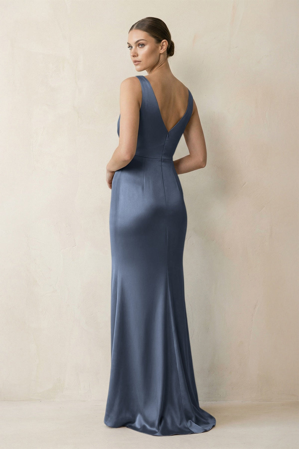 V-Neck Satin Ruched Sheath Bridesmaid Dress in Neptune