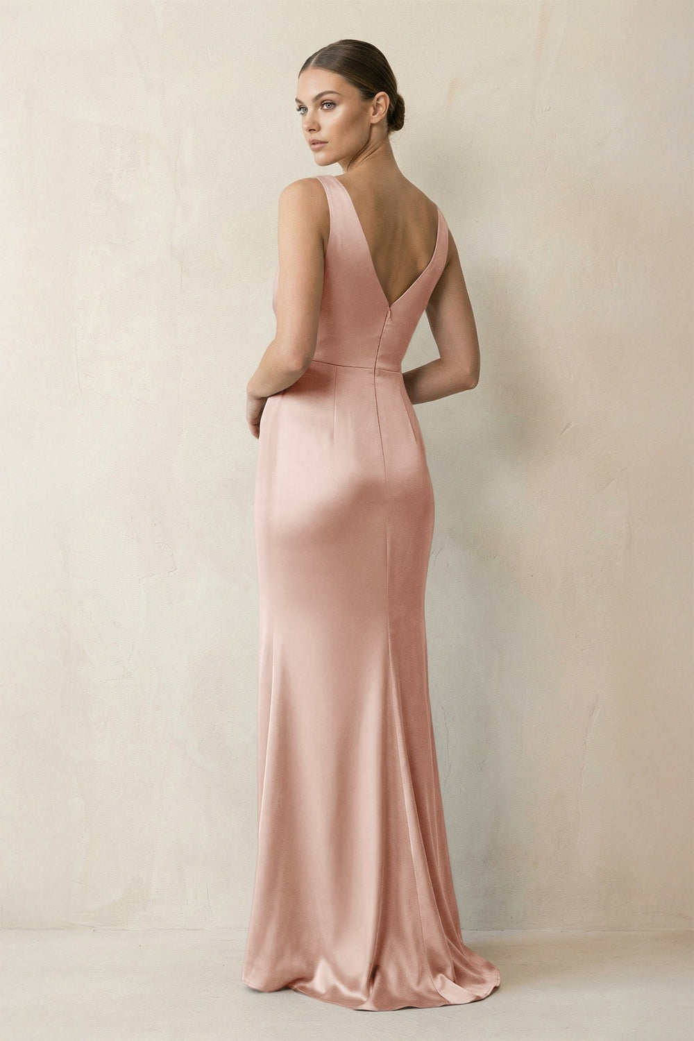 V-Neck Satin Ruched Sheath Bridesmaid Dress in Pale Blush