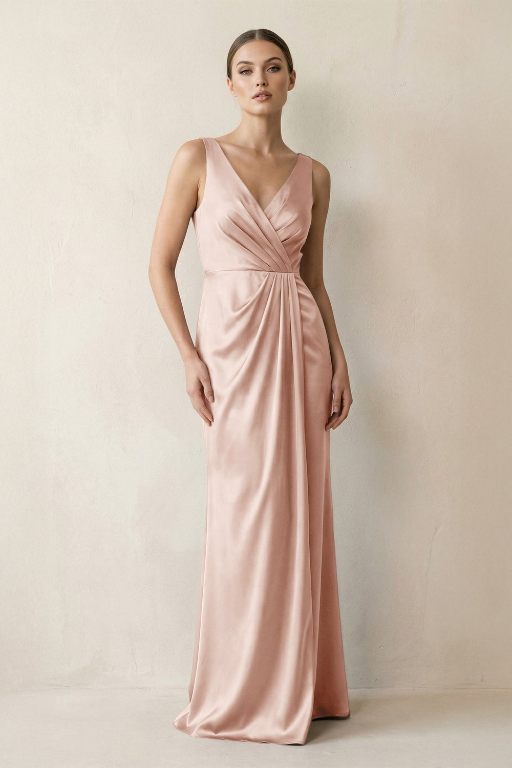 V-Neck Satin Ruched Sheath Bridesmaid Dress in Pale Blush