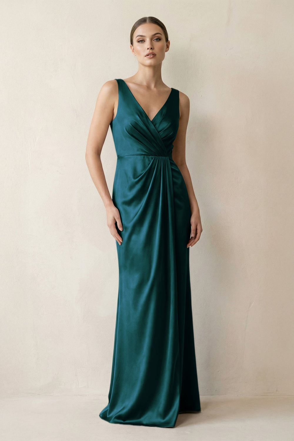 V-Neck Satin Ruched Sheath Bridesmaid Dress in Pine