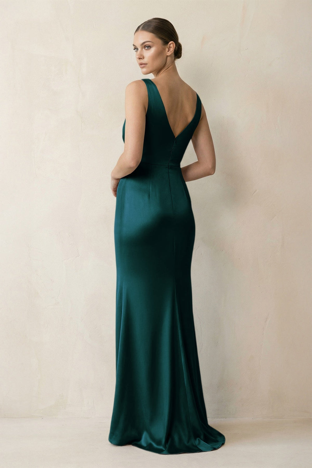 V-Neck Satin Ruched Sheath Bridesmaid Dress in Pine