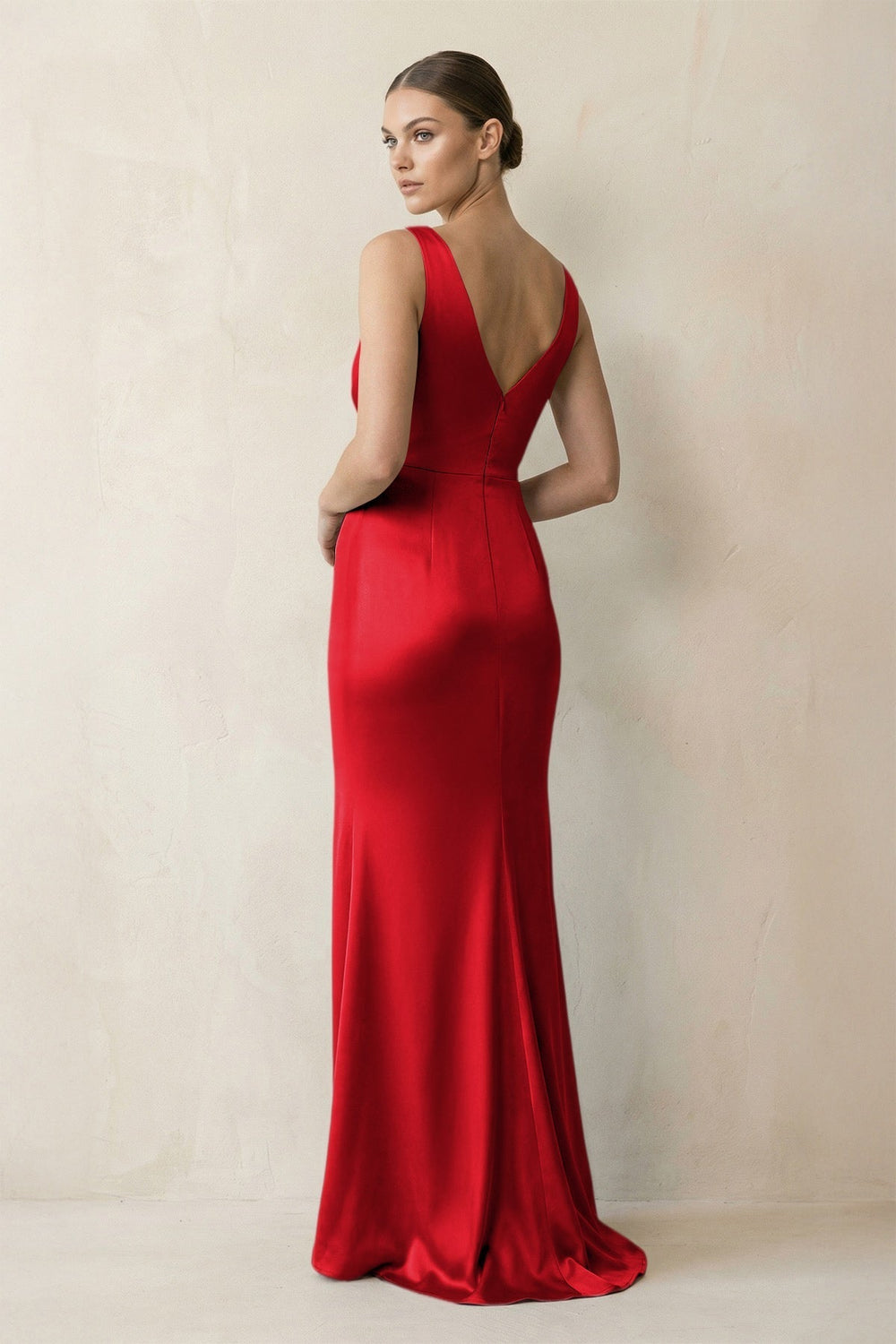 V-Neck Satin Ruched Sheath Bridesmaid Dress in Ruby Red