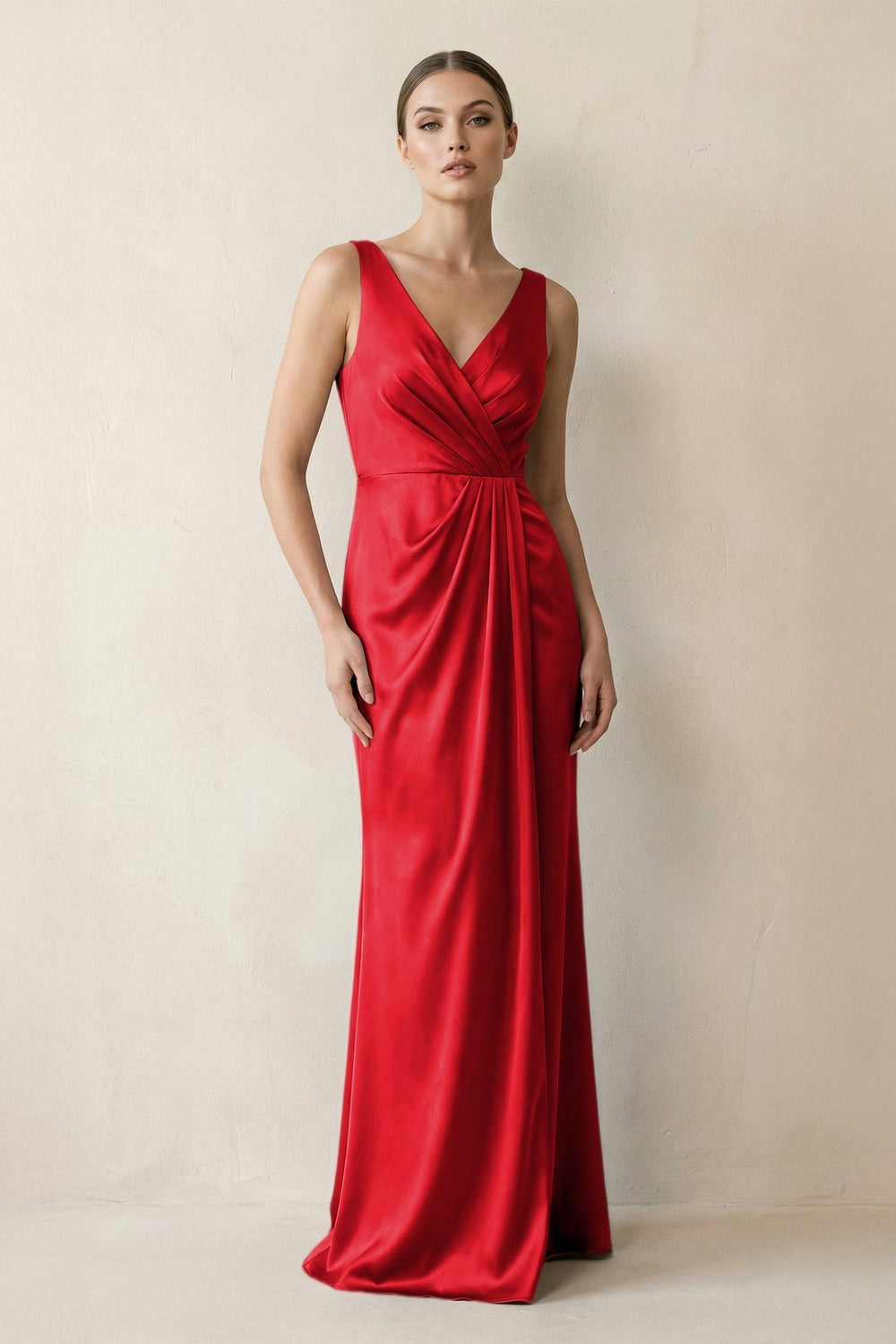 V-Neck Satin Ruched Sheath Bridesmaid Dress in Ruby Red