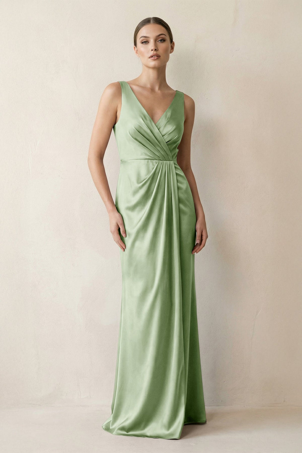 V-Neck Satin Ruched Sheath Bridesmaid Dress in Sage