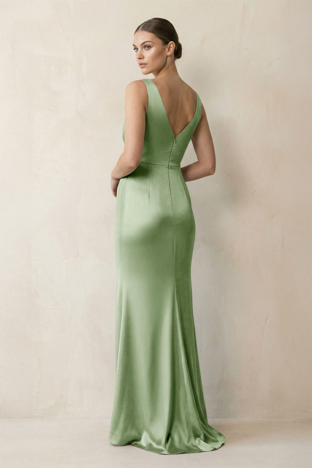 V-Neck Satin Ruched Sheath Bridesmaid Dress in Sage