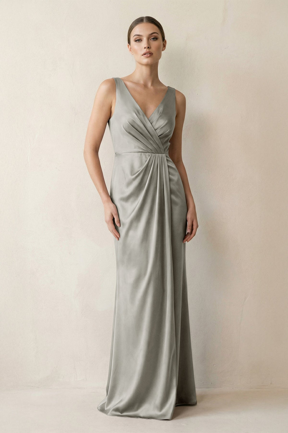 V-Neck Satin Ruched Sheath Bridesmaid Dress in Silver