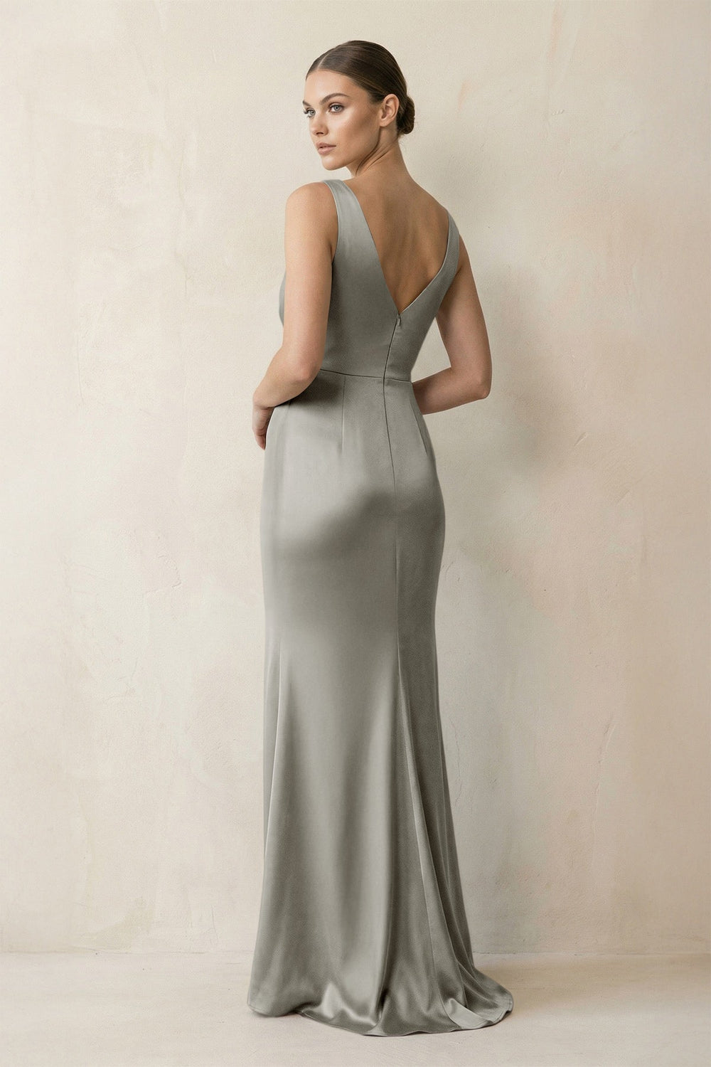V-Neck Satin Ruched Sheath Bridesmaid Dress in Silver
