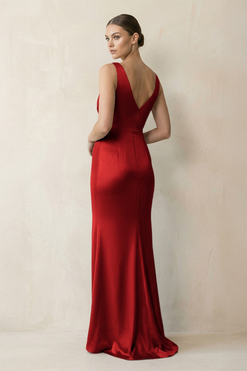 V-Neck Satin Ruched Sheath Bridesmaid Dress in Spice