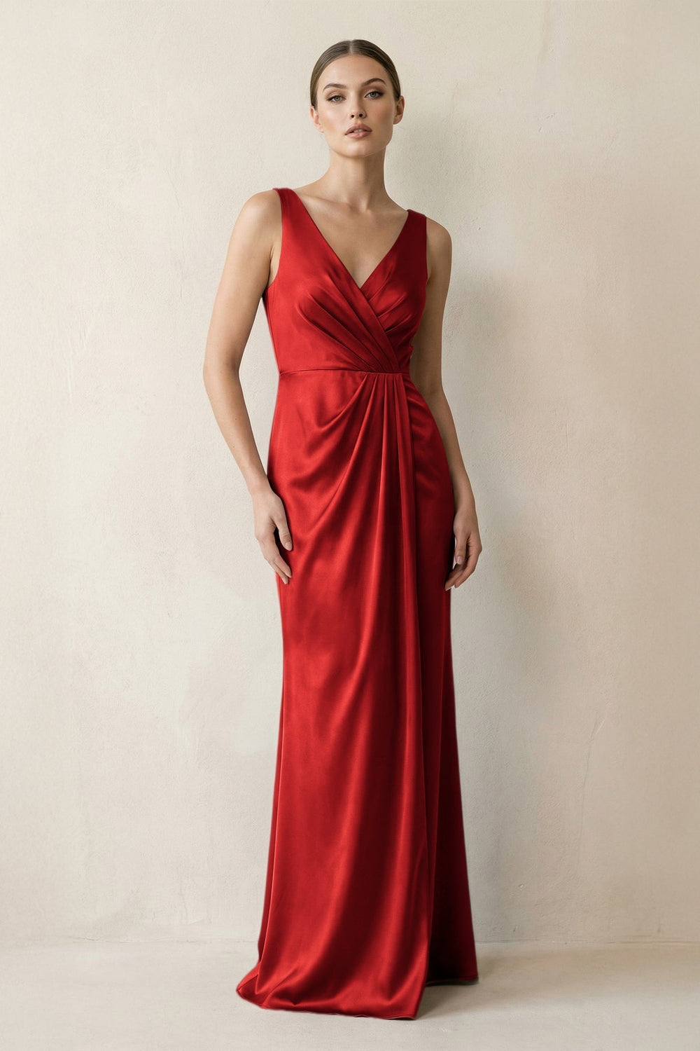 V-Neck Satin Ruched Sheath Bridesmaid Dress in Spice