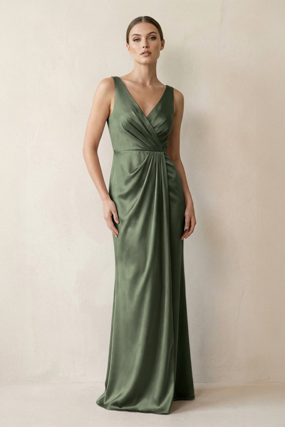 V-Neck Satin Ruched Sheath Bridesmaid Dress in Thyme