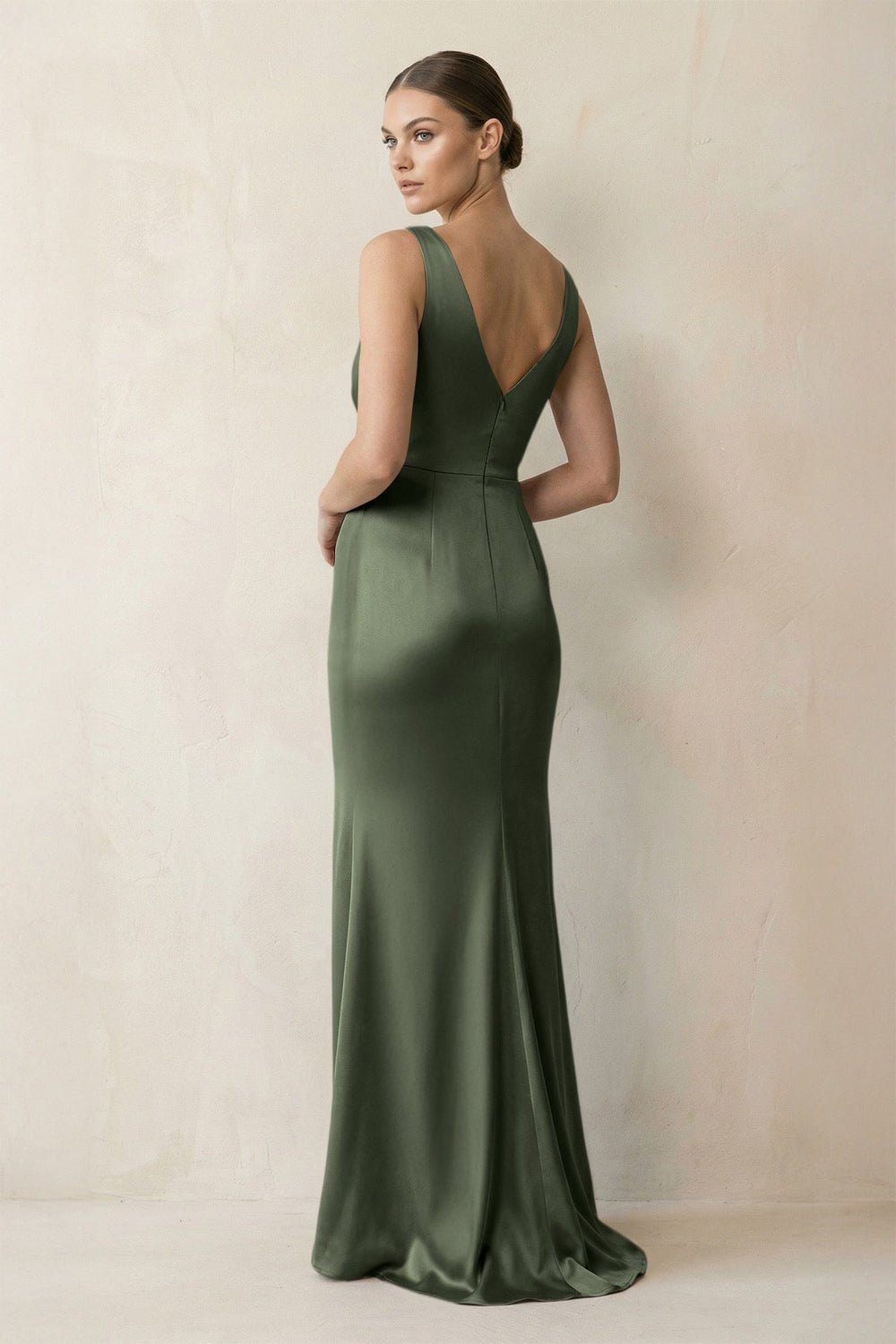 V-Neck Satin Ruched Sheath Bridesmaid Dress in Thyme