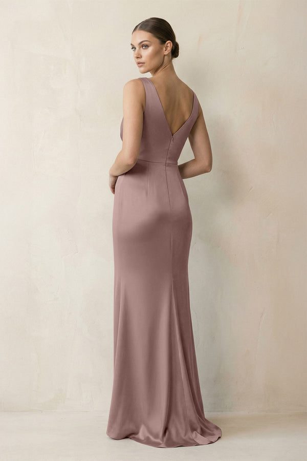 V - Neck Satin Ruched Sheath Bridesmaid Dress in Toffee - KISS BRIDAL Bridesmaid Dresses