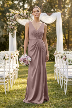 V - Neck Satin Ruched Sheath Bridesmaid Dress in Toffee - KISS BRIDAL Bridesmaid Dresses