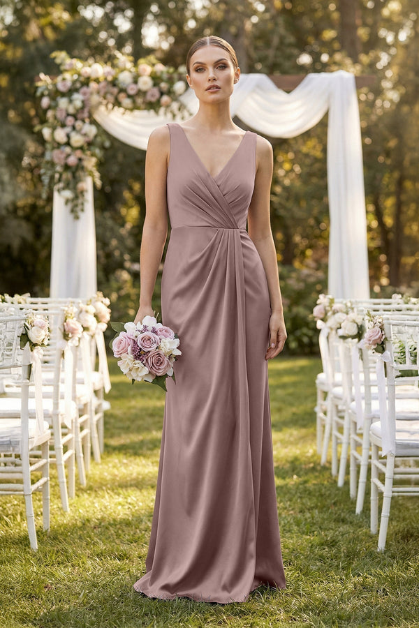V - Neck Satin Ruched Sheath Bridesmaid Dress in Toffee - KISS BRIDAL Bridesmaid Dresses