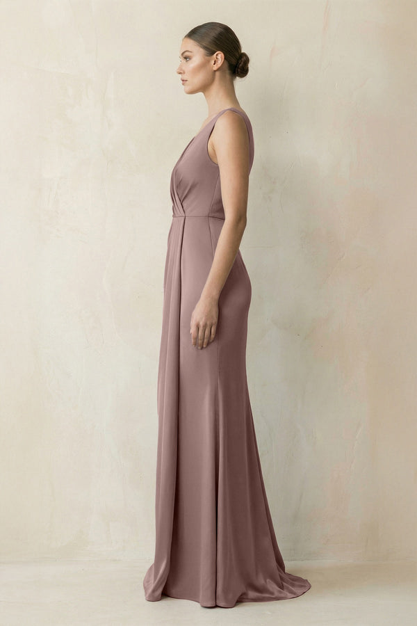 V - Neck Satin Ruched Sheath Bridesmaid Dress in Toffee - KISS BRIDAL Bridesmaid Dresses