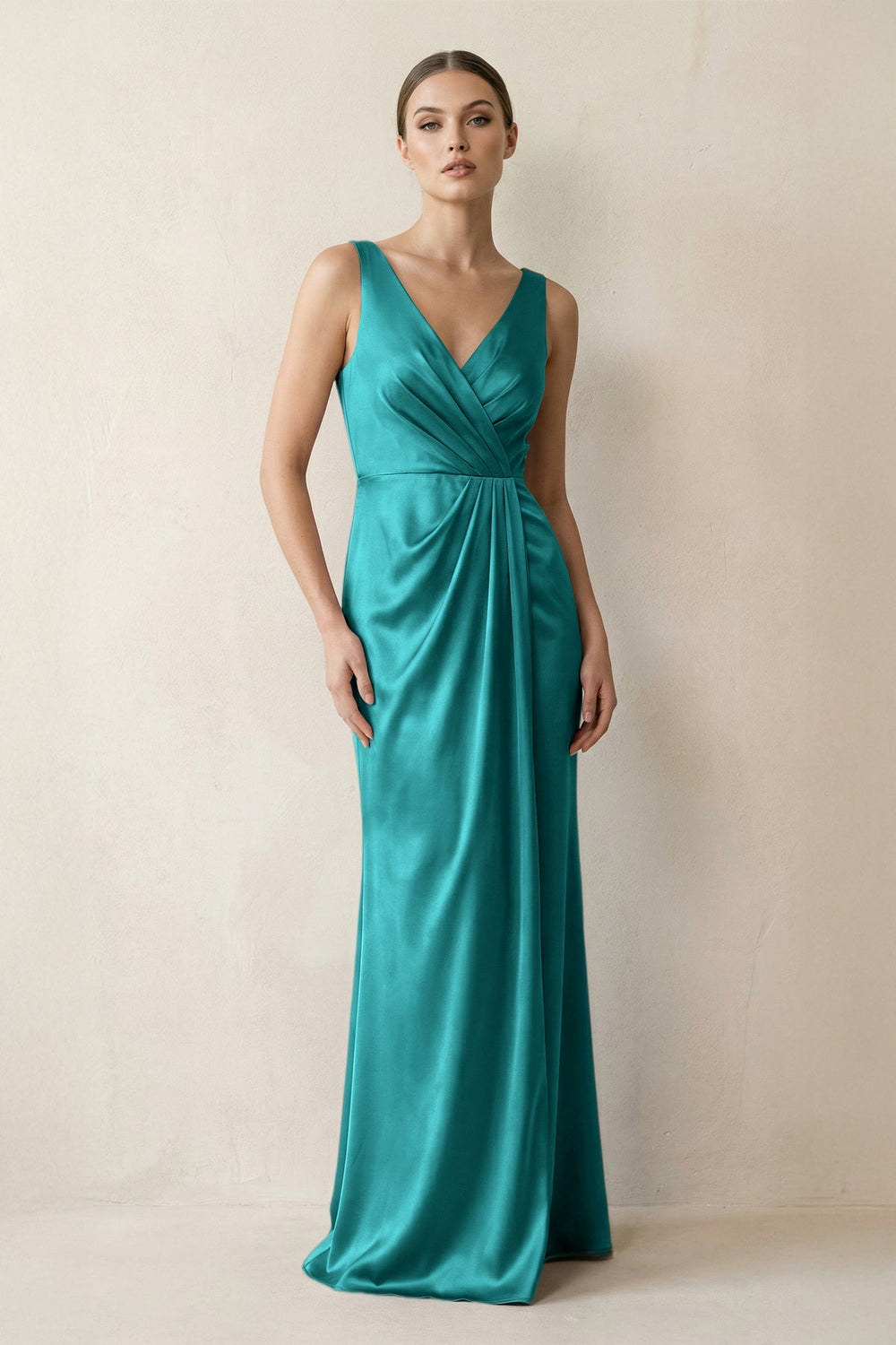 V-Neck Satin Ruched Sheath Bridesmaid Dress in Turquoise