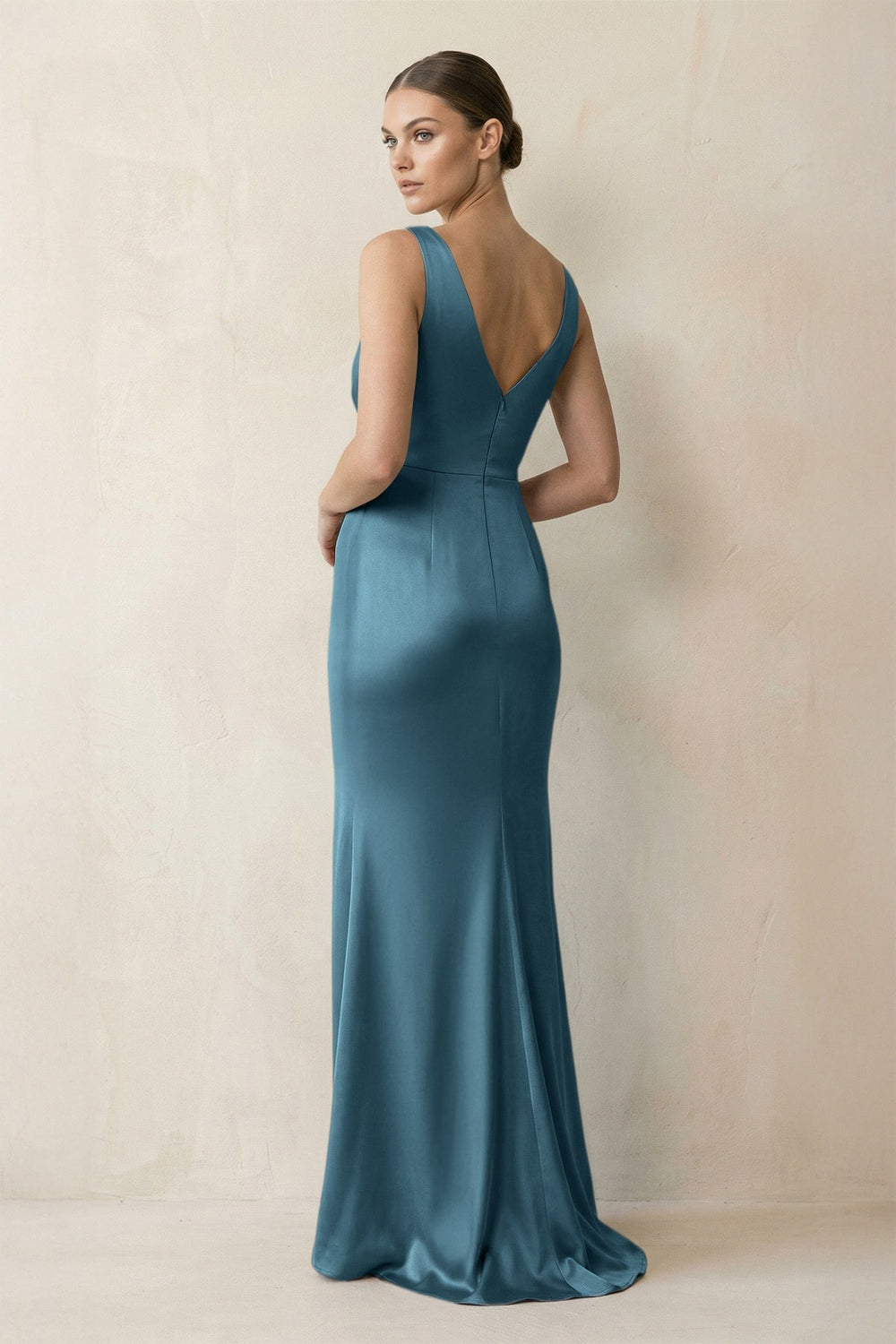 V-Neck Satin Ruched Sheath Bridesmaid Dress in Twilight
