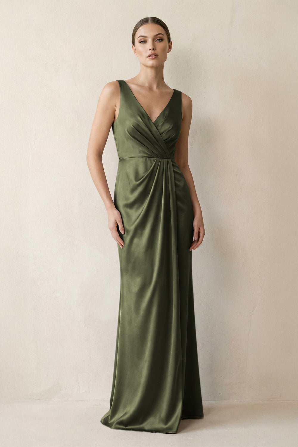 V-Neck Satin Ruched Sheath Bridesmaid Dress in Willow Green