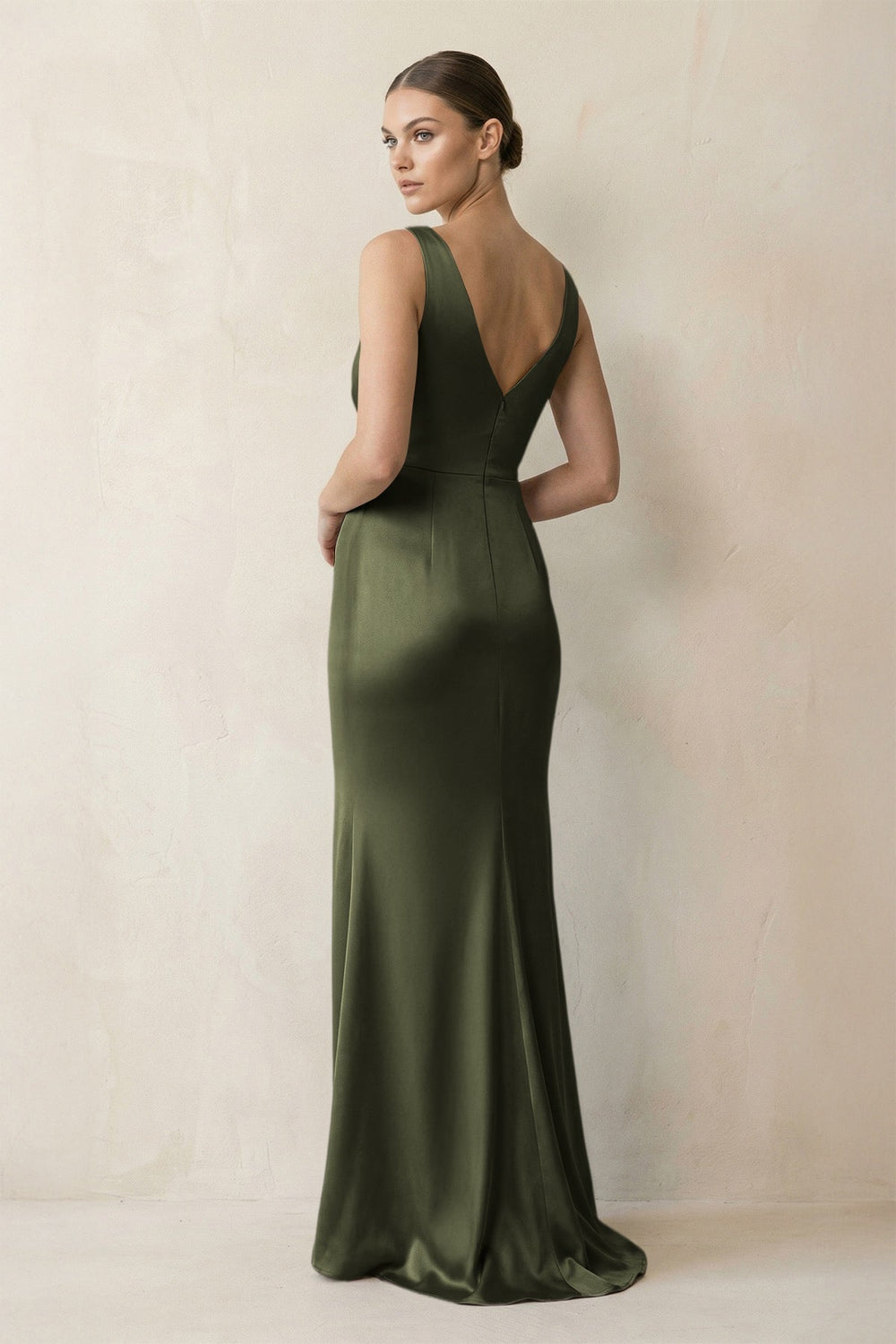 V-Neck Satin Ruched Sheath Bridesmaid Dress in Willow Green