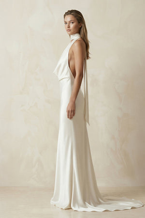 V - Neck Satin Sheath Wedding Dress With Side Slit in Ivory - KISS BRIDAL Wedding Dresses