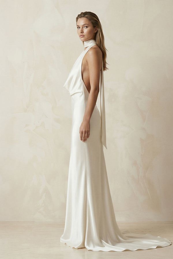 V - Neck Satin Sheath Wedding Dress With Side Slit in Ivory - KISS BRIDAL Wedding Dresses