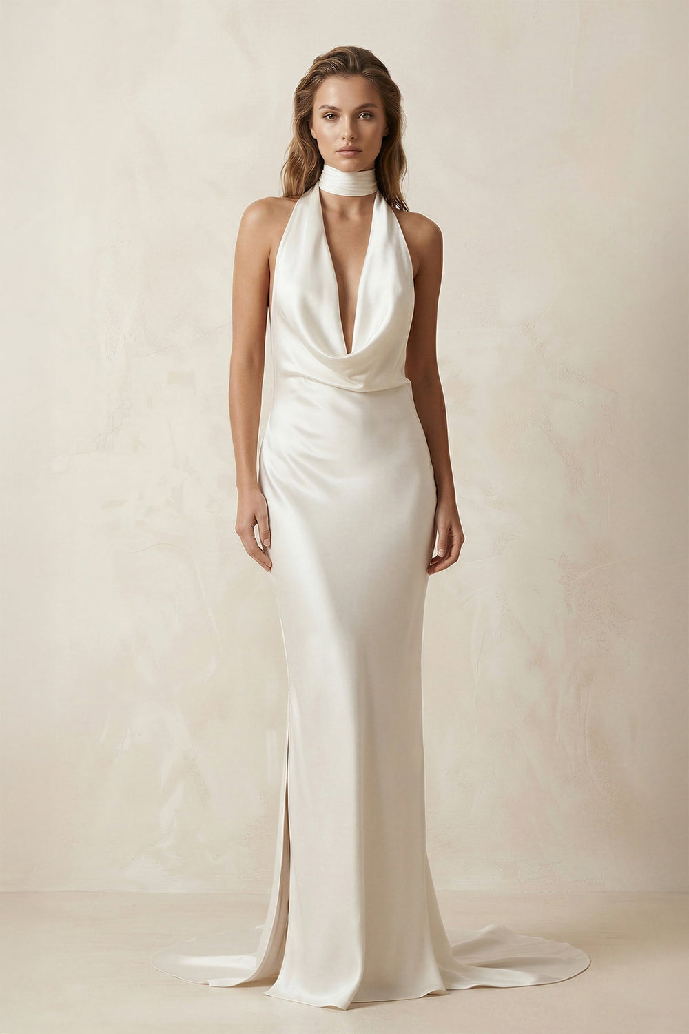 V-Neck Satin Mermaid Wedding Dress With Side Slit in Ivory