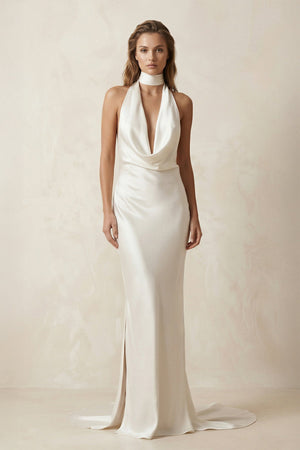 V - Neck Satin Sheath Wedding Dress With Side Slit in Ivory - KISS BRIDAL Wedding Dresses