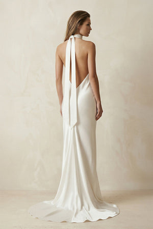 V - Neck Satin Sheath Wedding Dress With Side Slit in Ivory - KISS BRIDAL Wedding Dresses