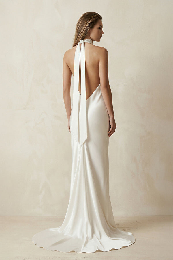 V - Neck Satin Sheath Wedding Dress With Side Slit in Ivory - KISS BRIDAL Wedding Dresses