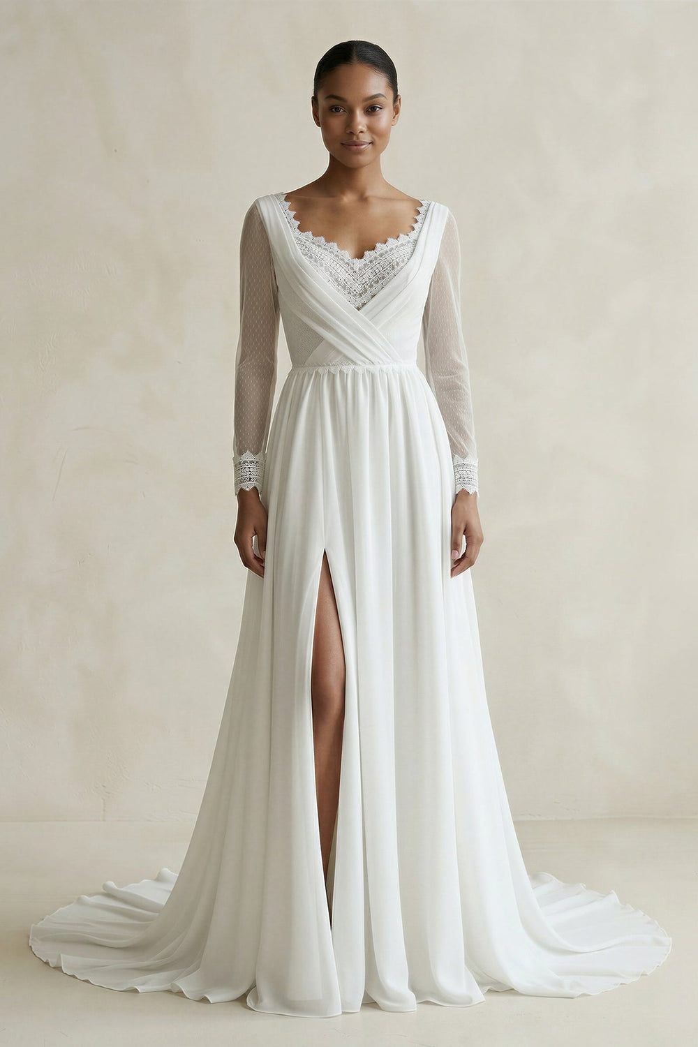 V Neck A-Line Chiffon Long Sleeves Wedding Dress With Slit in White