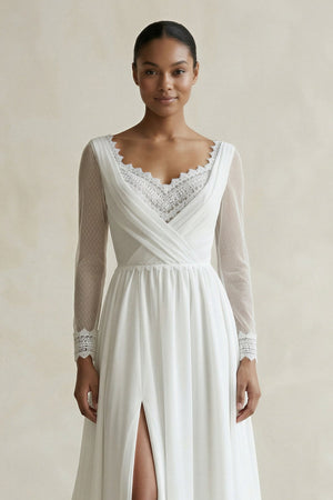 V Neck Sheath Chiffon Long Sleeves Wedding Dress With Slit in White - KISS BRIDAL Wedding Dresses