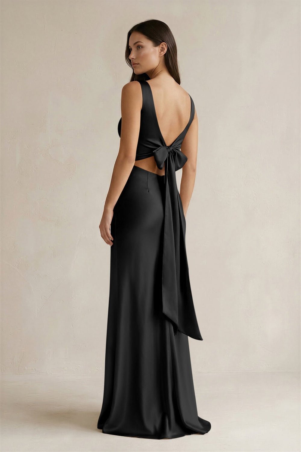 V-neck Sheath Satin Bridesmaid Dress With Back Bow in Black