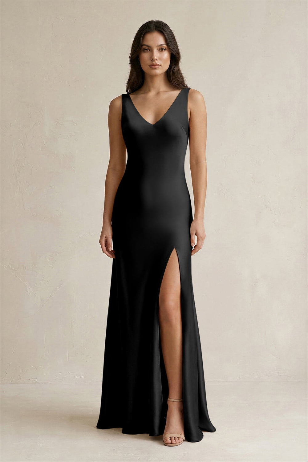 V-neck Sheath Satin Bridesmaid Dress With Back Bow in Black