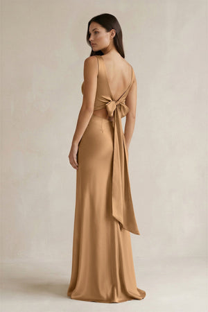 V - neck Sheath Satin Bridesmaid Dress With Back Bow in Bronzer - KISS BRIDAL Bridesmaid Dresses